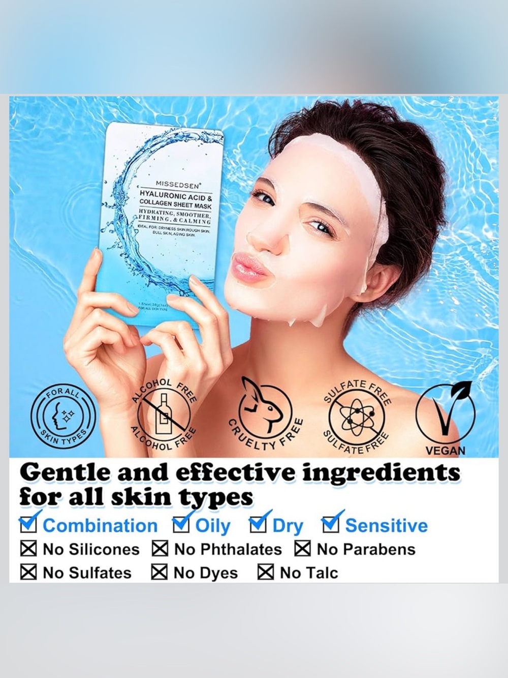 Hyaluronic Acid & Collagen Hydrating Sheet Masks All Skin Types (25 Sheets) NIB - Picture 9 of 14